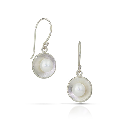 Silver Concave Circle with Pearl Drop Earrings (Small)