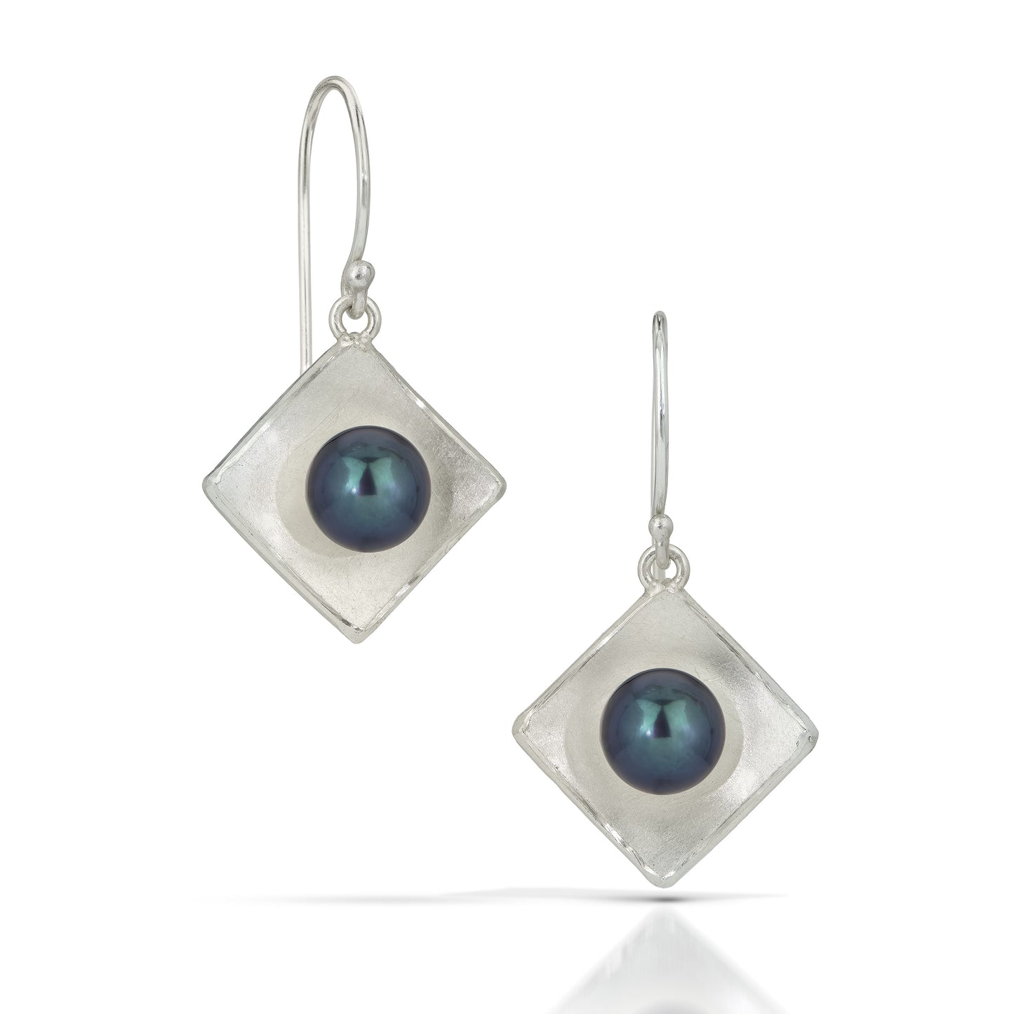 Silver Concave Square with Pearl Drop Earrings (Large)