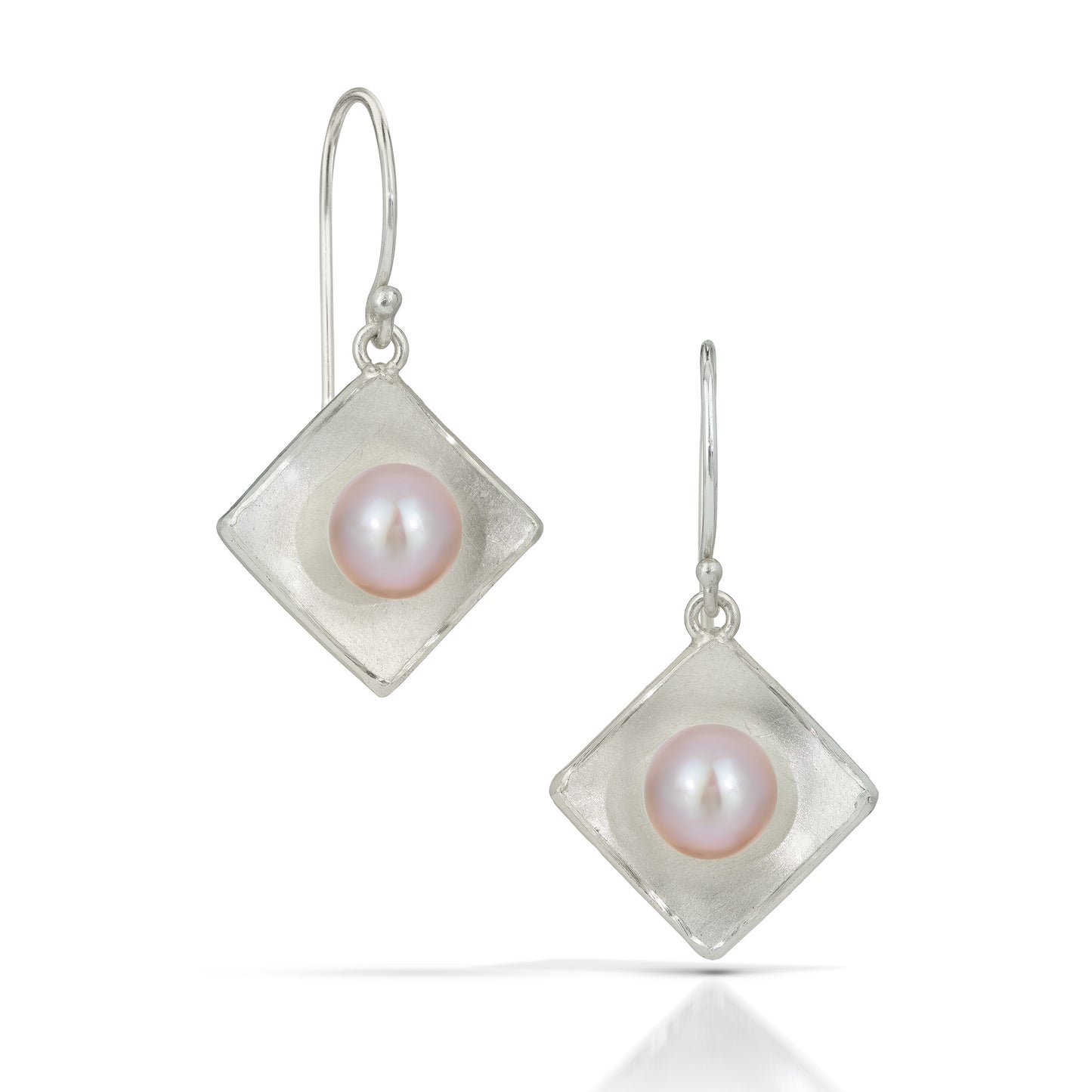 Silver Concave Square with Pearl Drop Earrings (Large)