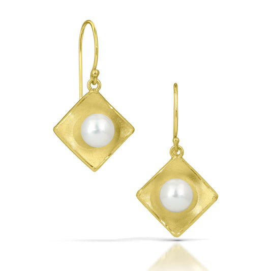 Gold Concave Square with Pearl Drop Earrings (Large)
