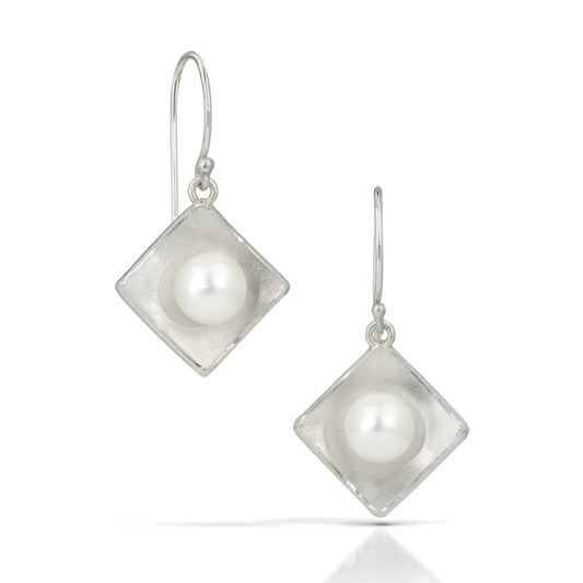 Silver Concave Square with Pearl Drop Earrings (Large)