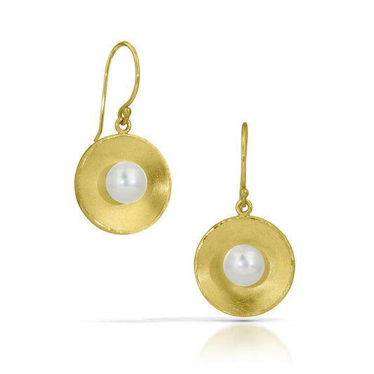 Gold Concave Circle with Pearl Drop Earrings (Large)