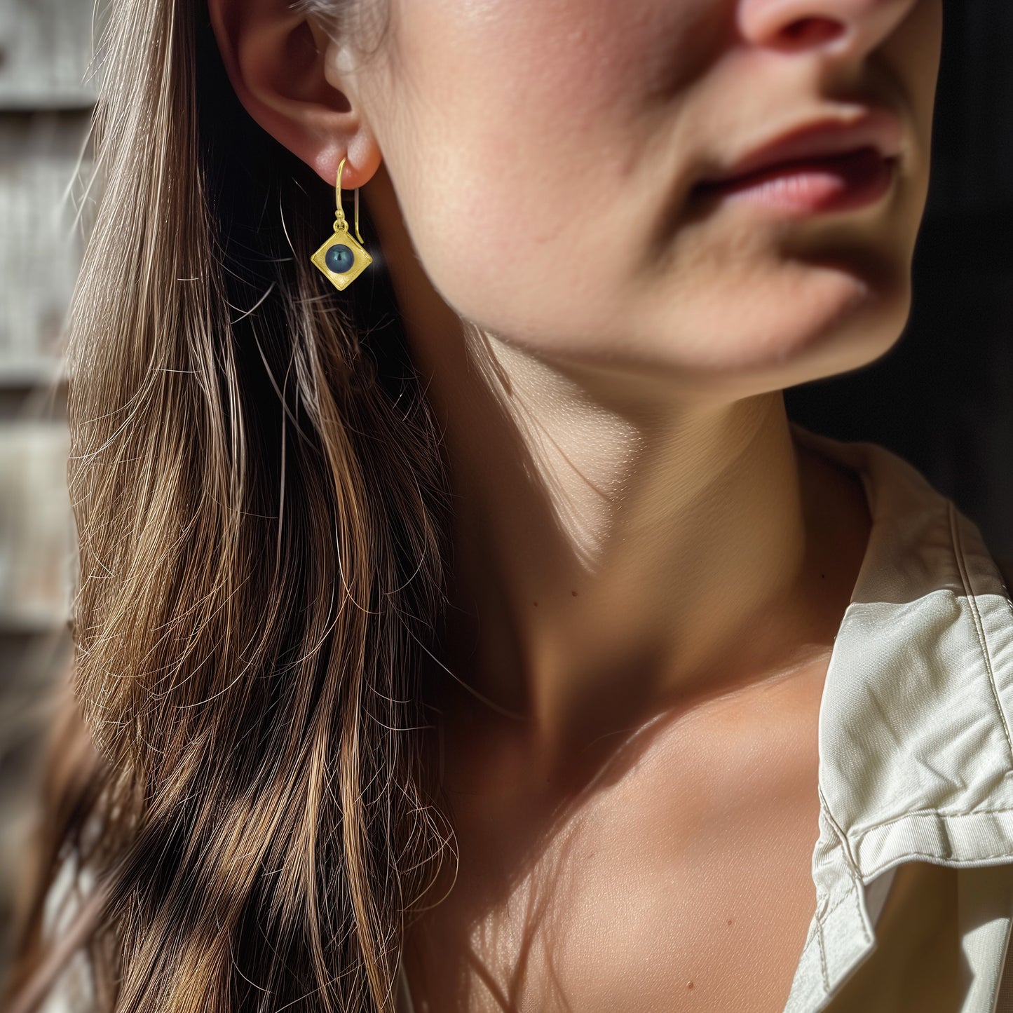 Gold Concave Square with Pearl Drop Earrings (Small)