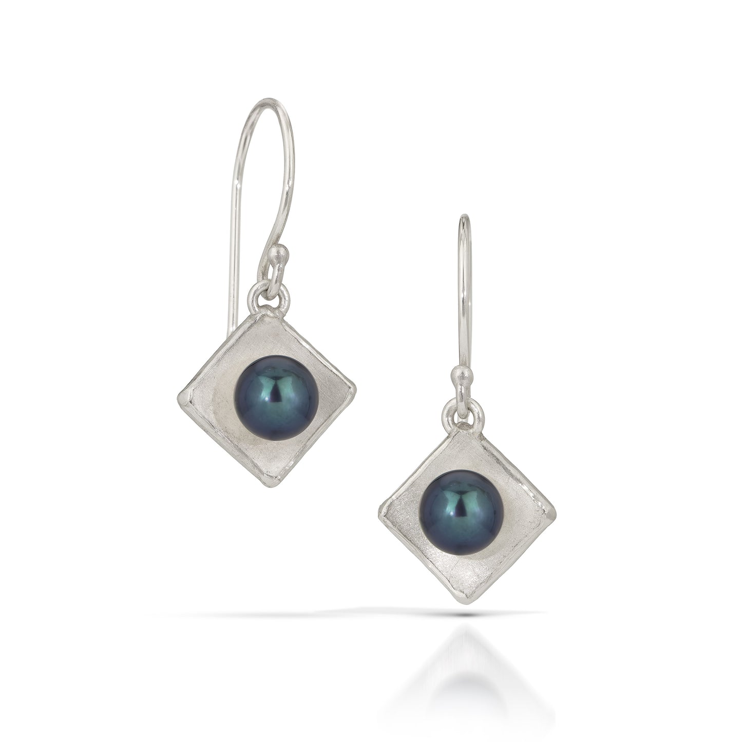 Silver Concave Square with Pearl Drop Earrings (Small)