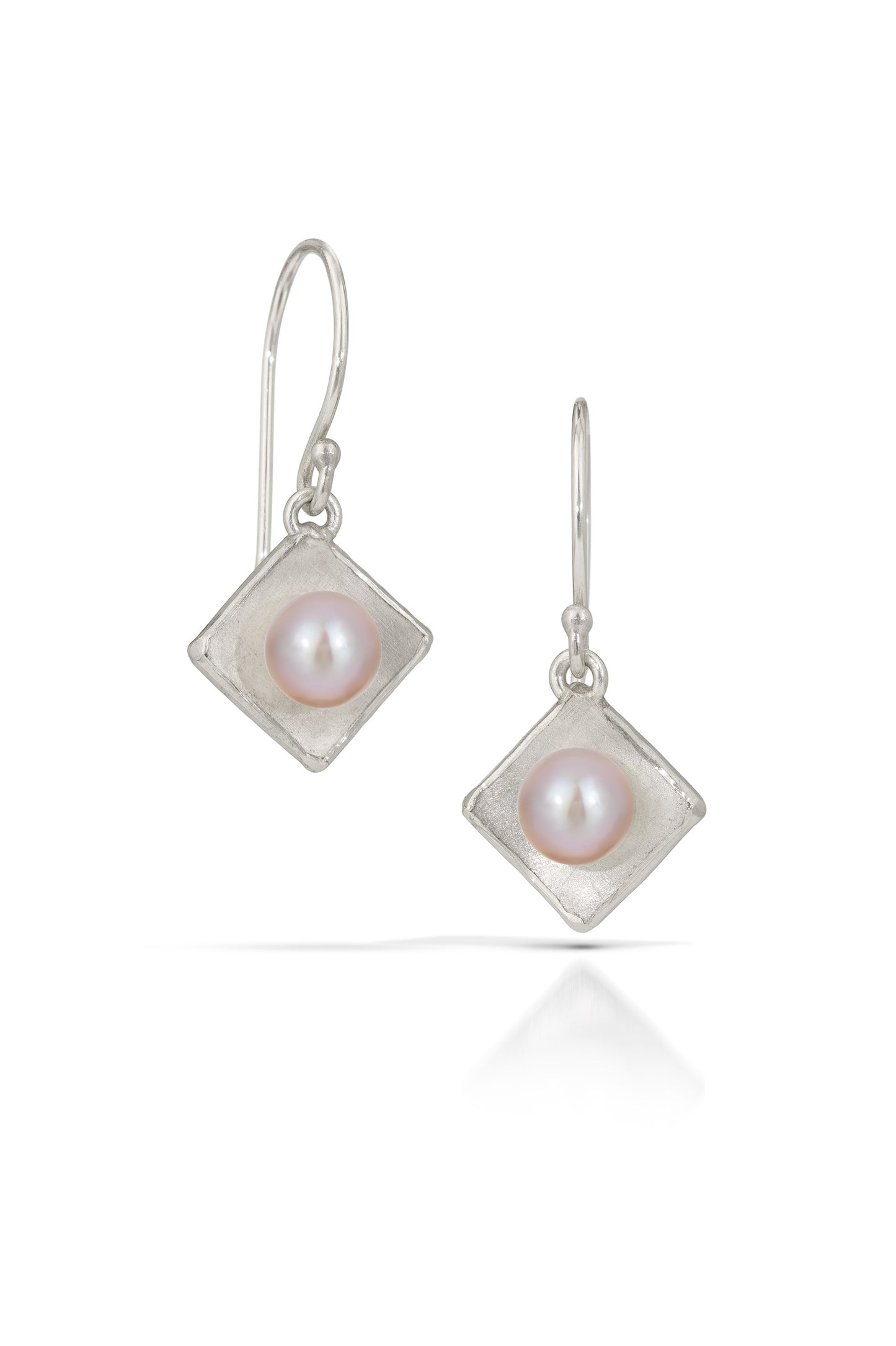 Silver Concave Square with Pearl Drop Earrings (Small)