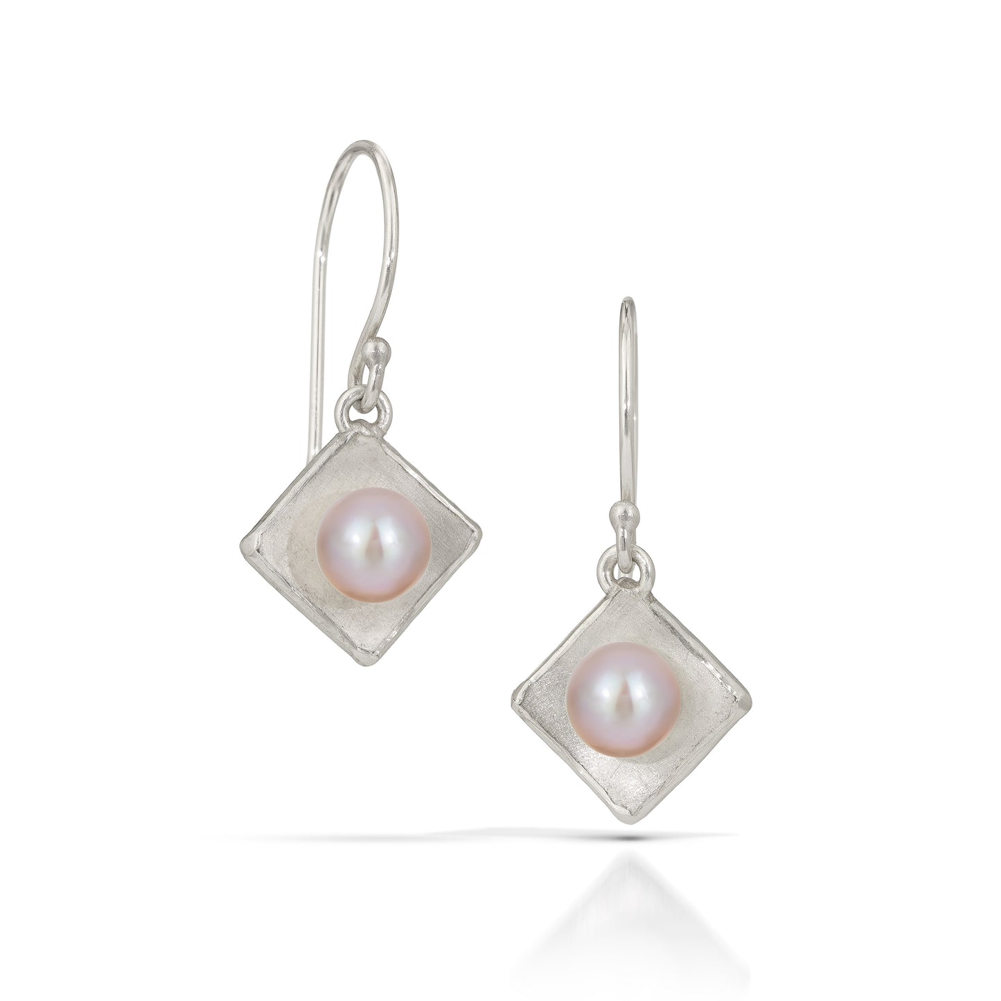 Silver Concave Square with Pearl Drop Earrings (Small)