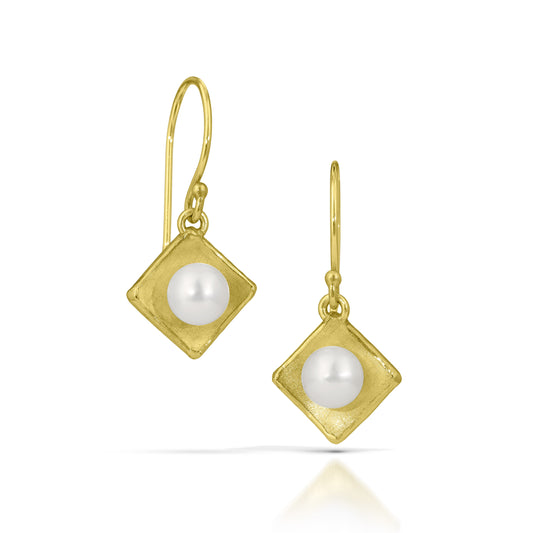 Gold Concave Square with Pearl Drop Earrings (Small)