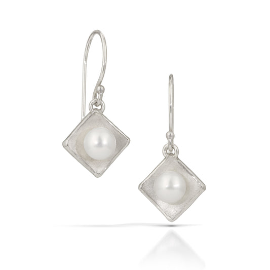 Silver Concave Square with Pearl Drop Earrings (Small)
