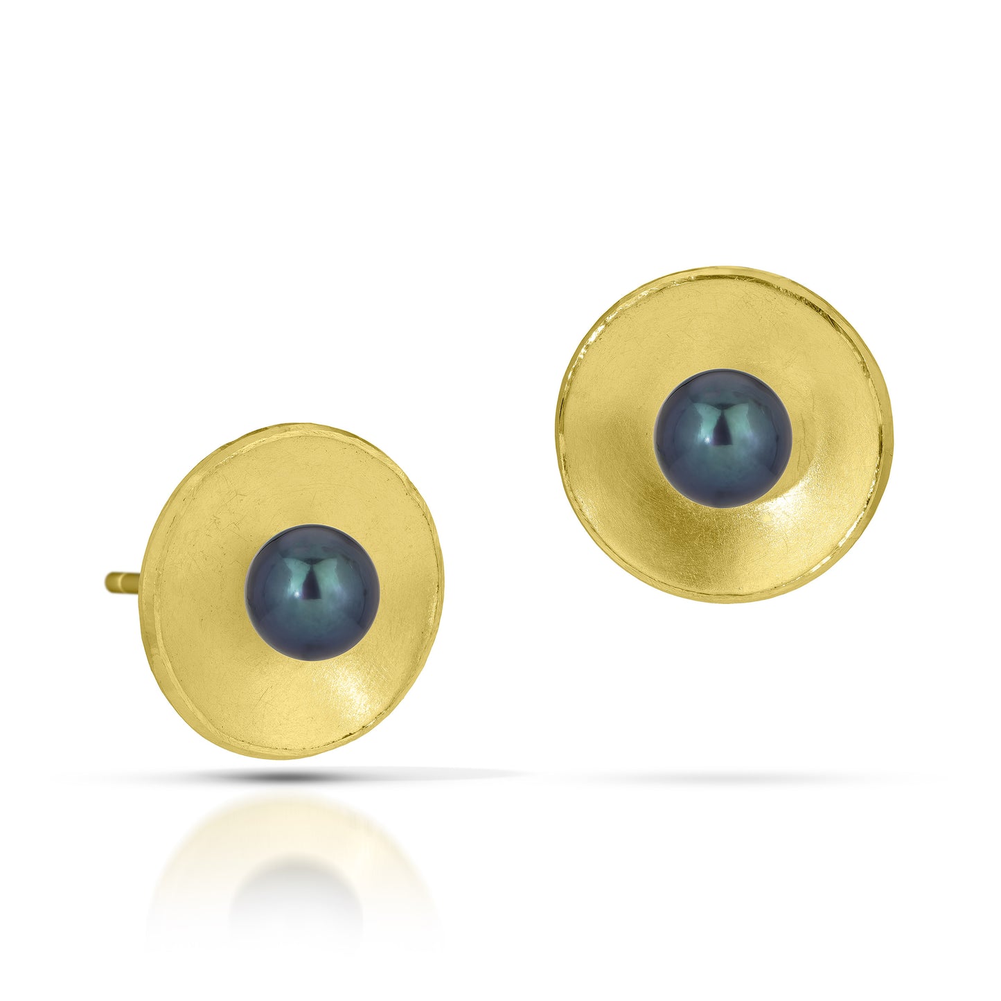 18k Gold Concave Circle Post Earrings with Pearl (Large)
