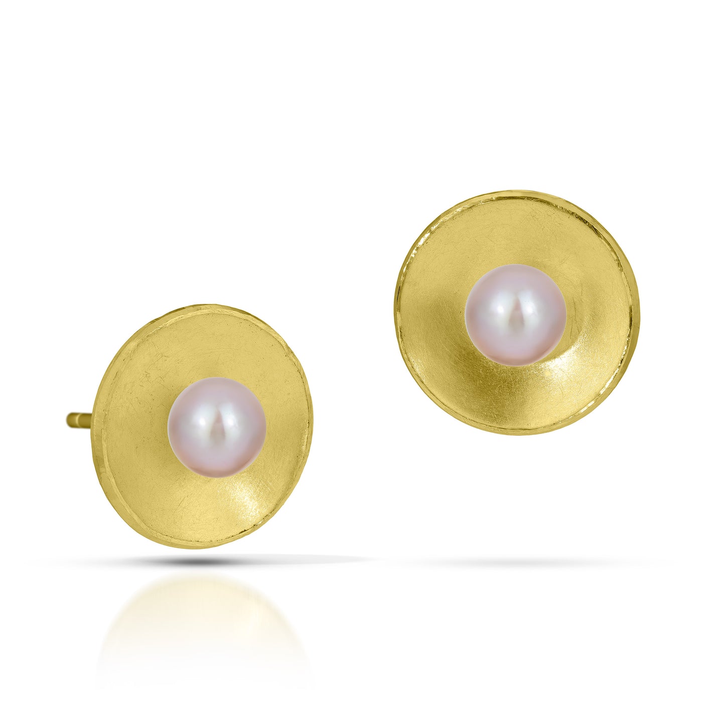 18k Gold Concave Circle Post Earrings with Pearl (Large)