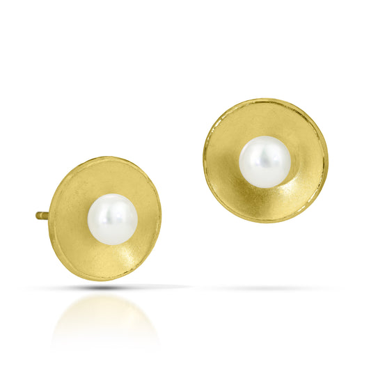 18k Gold Concave Circle Post Earrings with Pearl (Large)