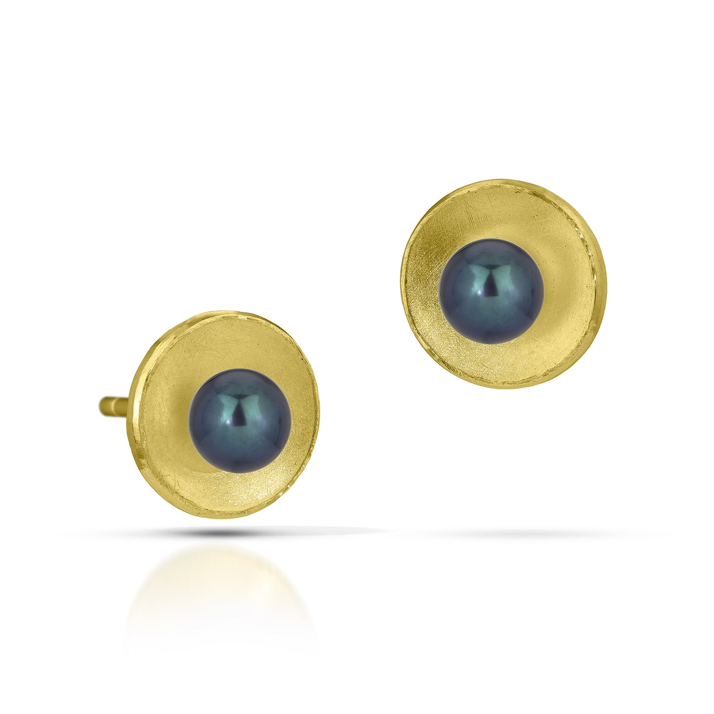 18k Gold Concave Circle Post Earrings with Pearl (Small)