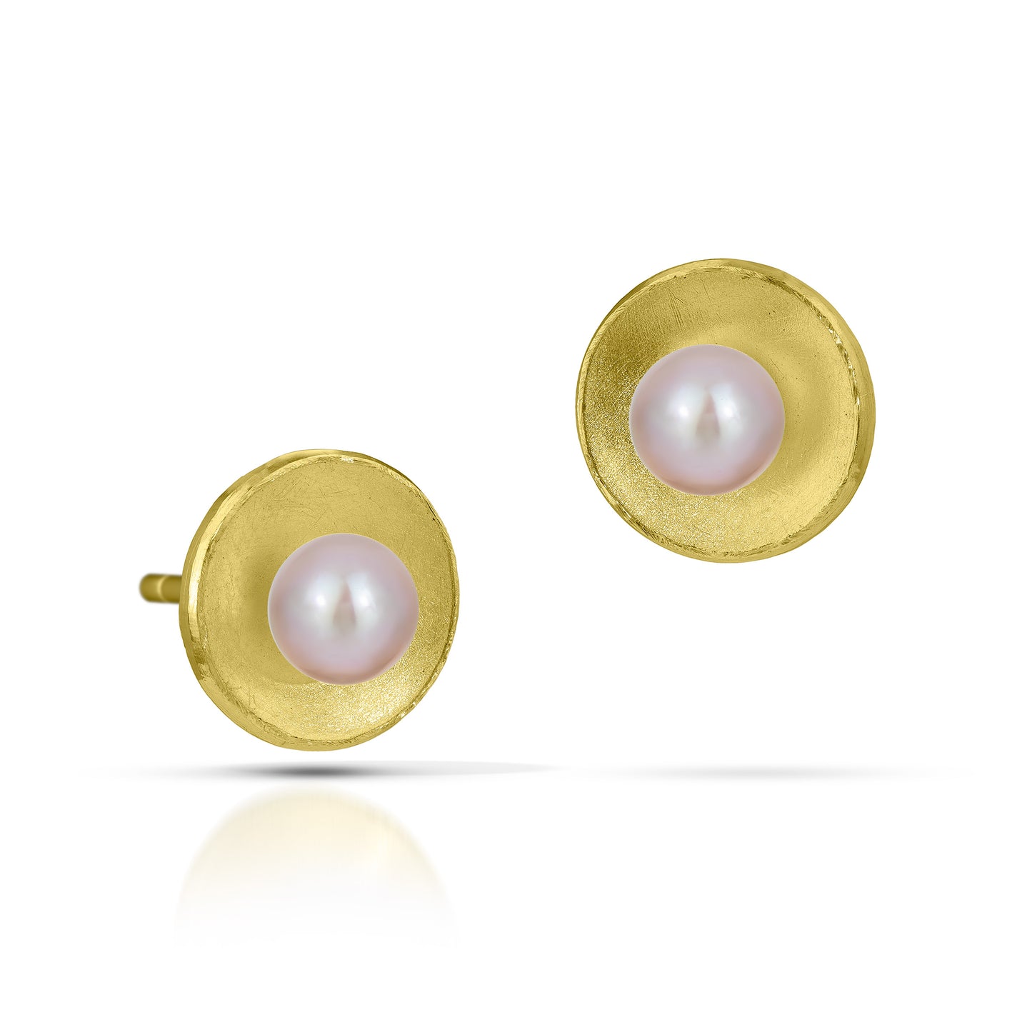 18k Gold Concave Circle Post Earrings with Pearl (Small)