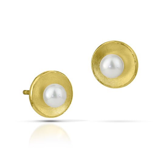 18k Gold Concave Circle Post Earrings with Pearl (Small)