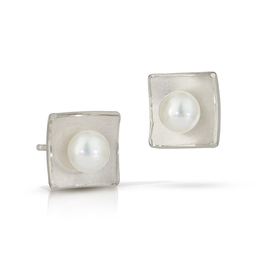 Silver Concave Square with Pearl Earrings (Large)