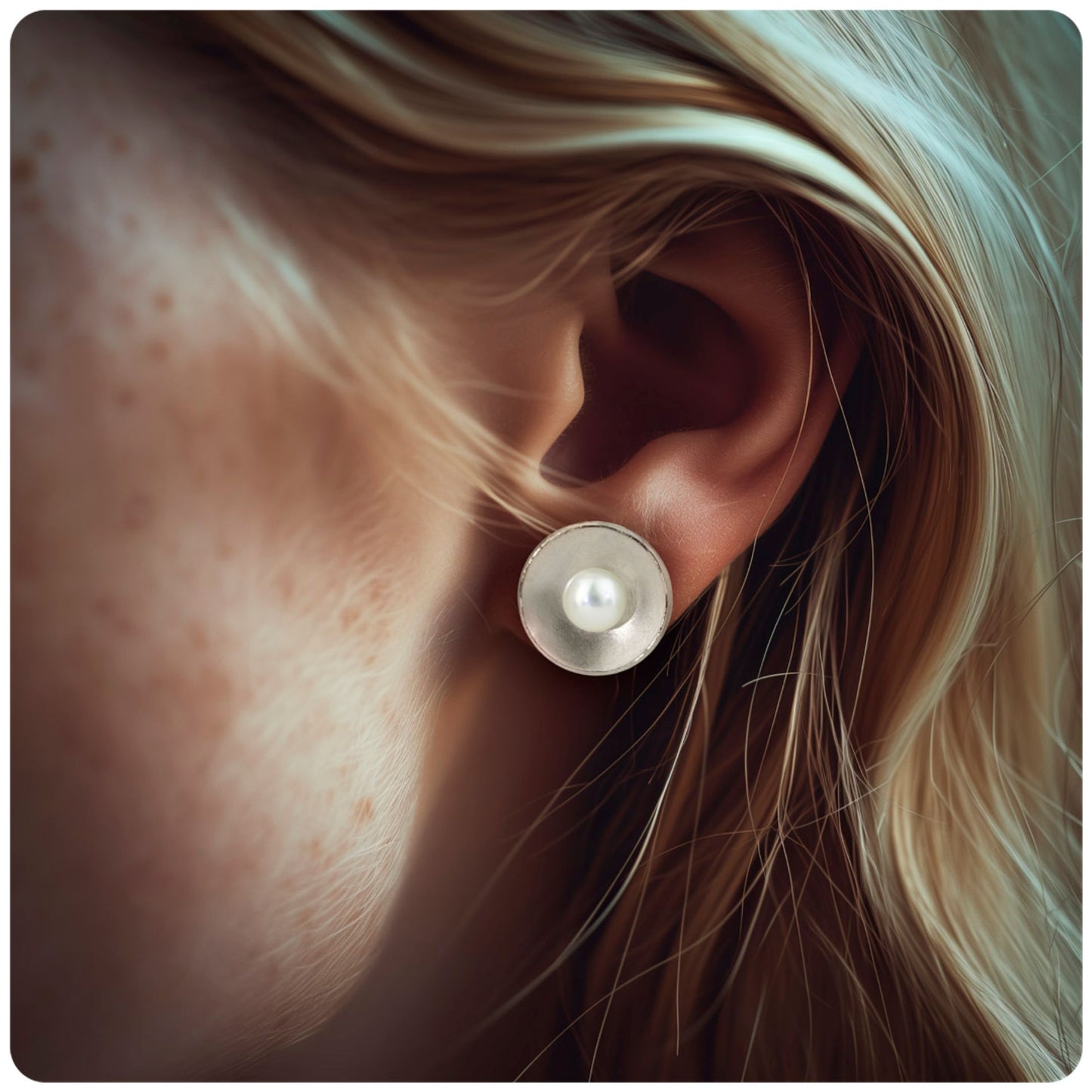 Silver Concave Circle with Pearl Stud Earrings (Large)