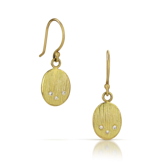 18k Gold Oval Carved Diamond Drop Earrings