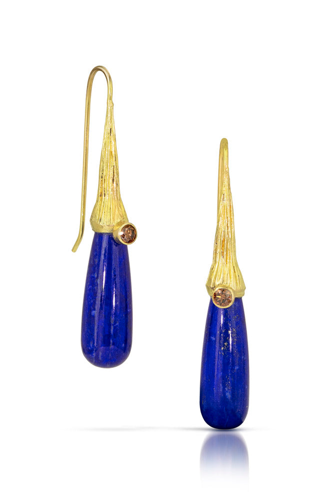 18k Gold Lapis with Cognac Diamond Drop Earrings
