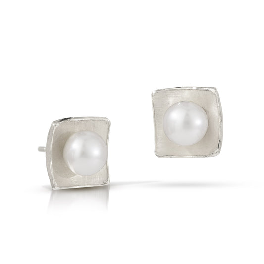 Silver Concave Square with White Pearl Earrings