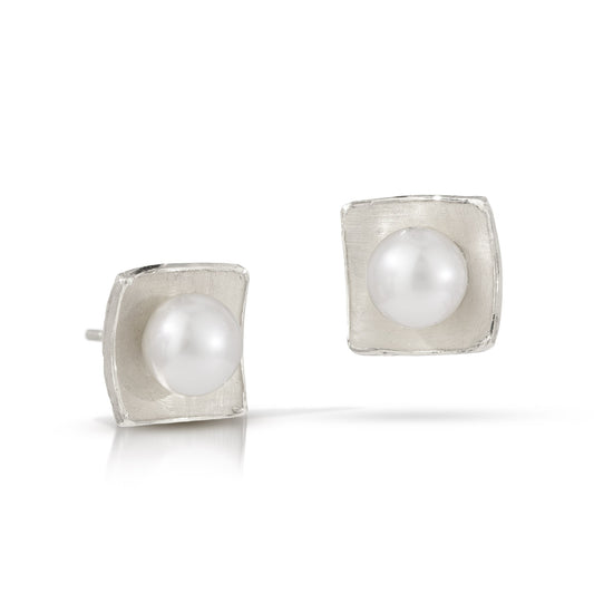 Silver Concave Square with Pearl Earrings (Small)