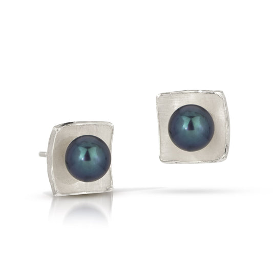 Silver Concave Square with Black Pearl Earrings