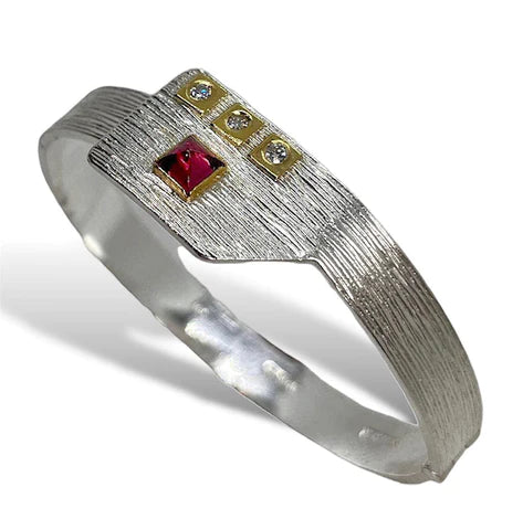 Hinged Bangle Cuff With Diamonds & Rhodolite Garnet