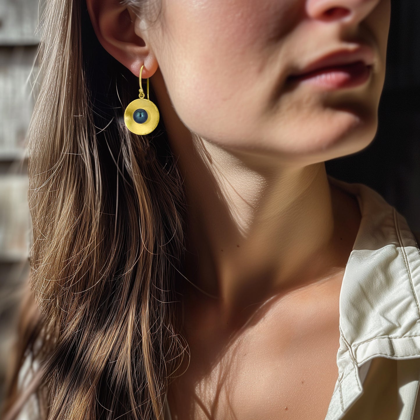 Gold Concave Circle with Pearl Drop Earrings (Large)