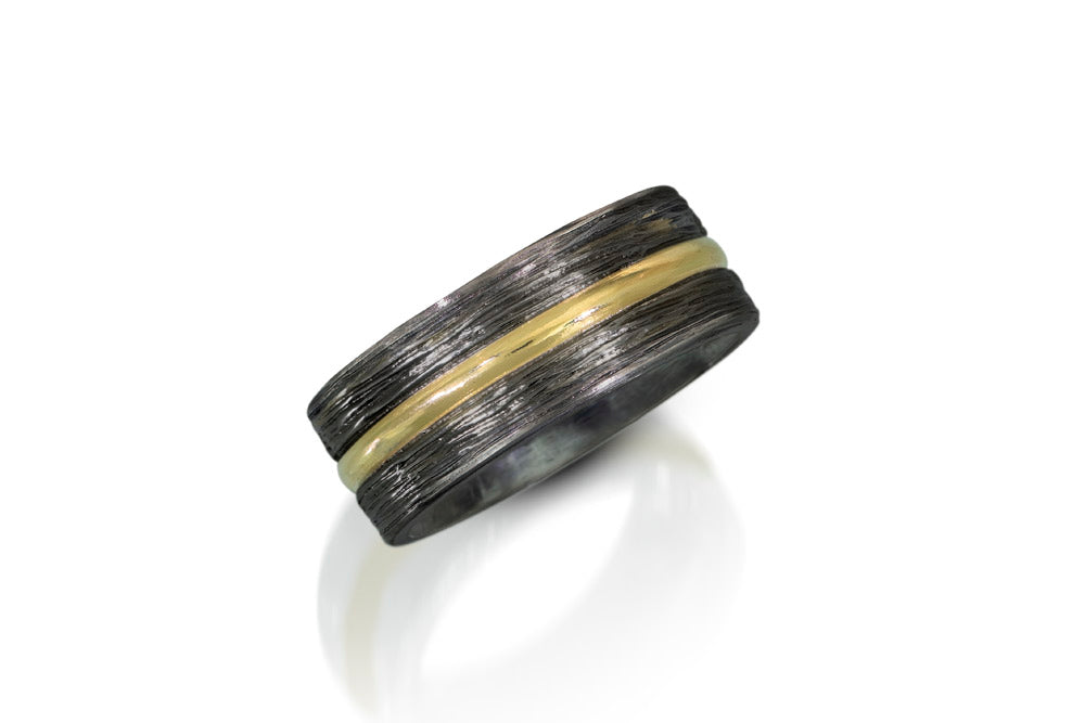 Men’s Carved Silver Band with Gold Stripe 3/8”