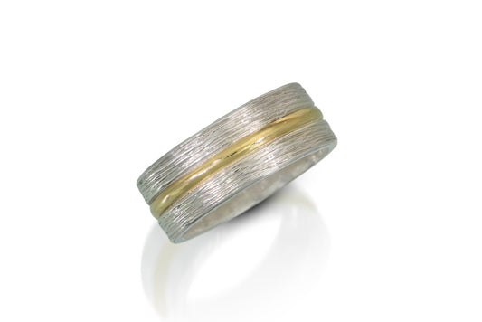 Men’s Carved Silver Band with Gold Stripe 3/8”