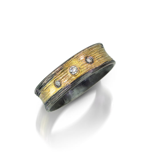 Black and Gold Woodland Cigar Band 1/4” with Bezel Set Diamonds
