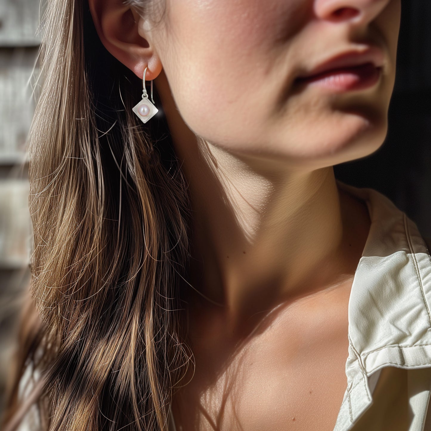 Silver Concave Square with Pearl Drop Earrings (Small)