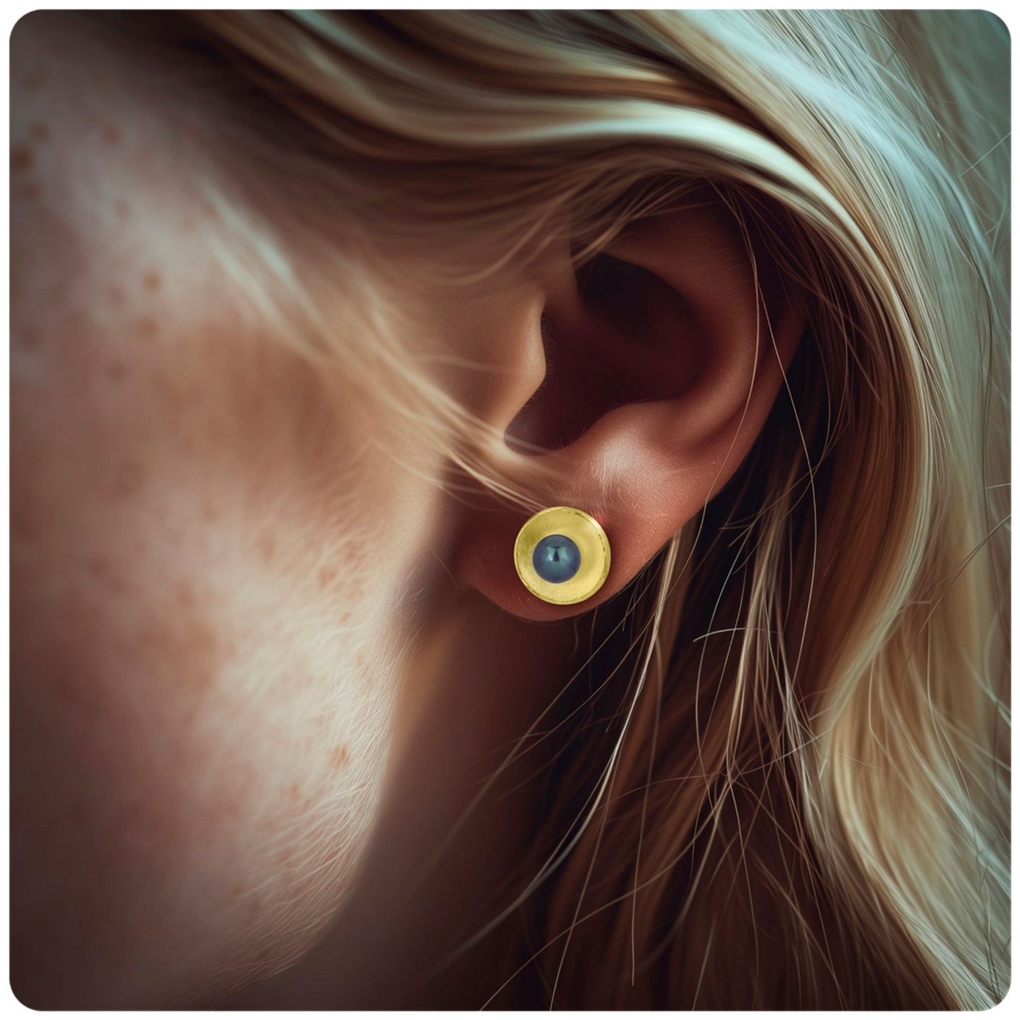 18k Gold Concave Circle Post Earrings with Pearl