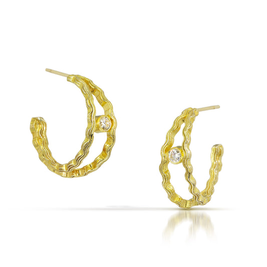 18k Gold Wave Hoops with Diamonds