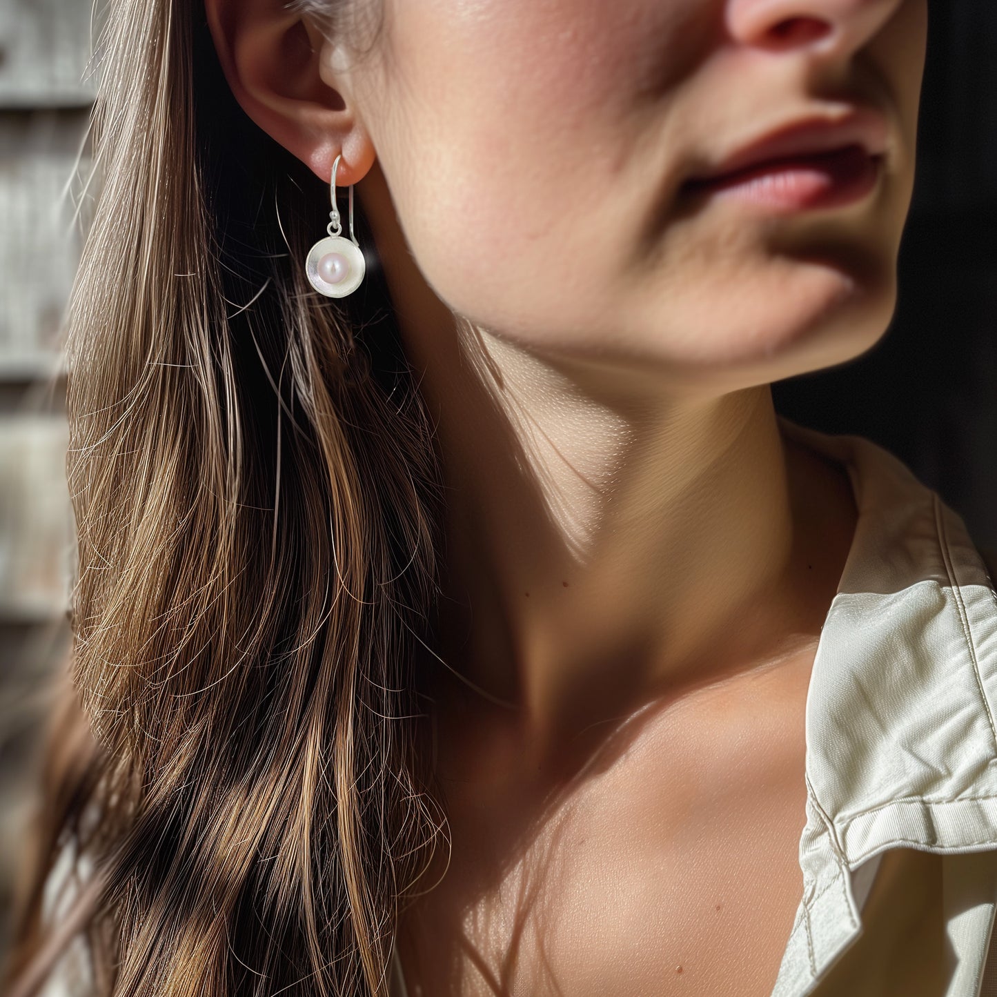 Silver Concave Circle with Pearl Drop Earrings (Small)