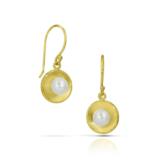 Gold Concave Circle with Pearl Drop Earrings (Small)