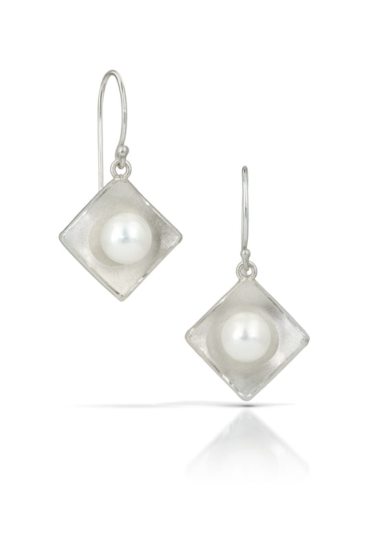 Silver Concave Square with Pearl Drop Earrings (Large)