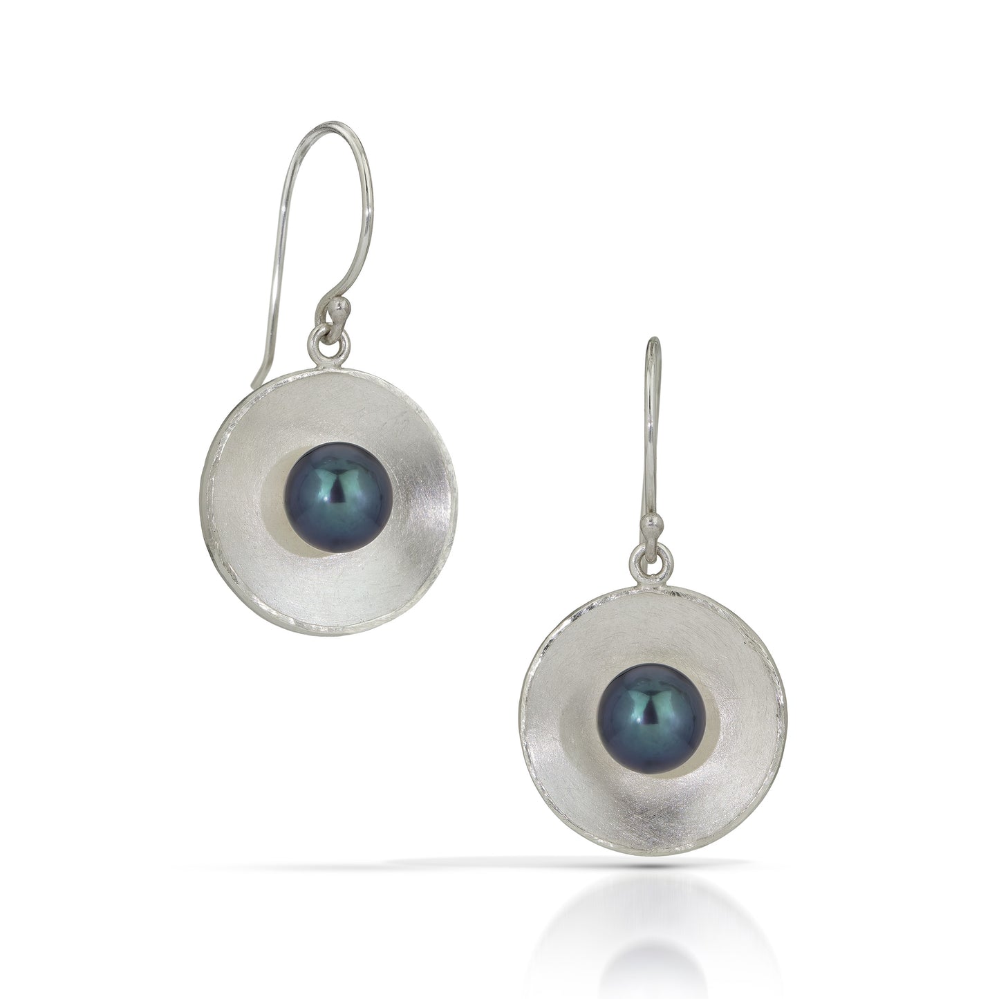 Silver Concave Circle with Pearl Drop Earrings (Large)