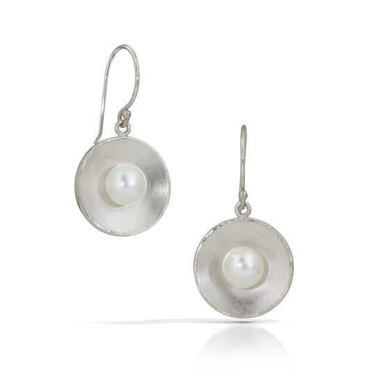Silver Concave Circle with Pearl Drop Earrings (Large)