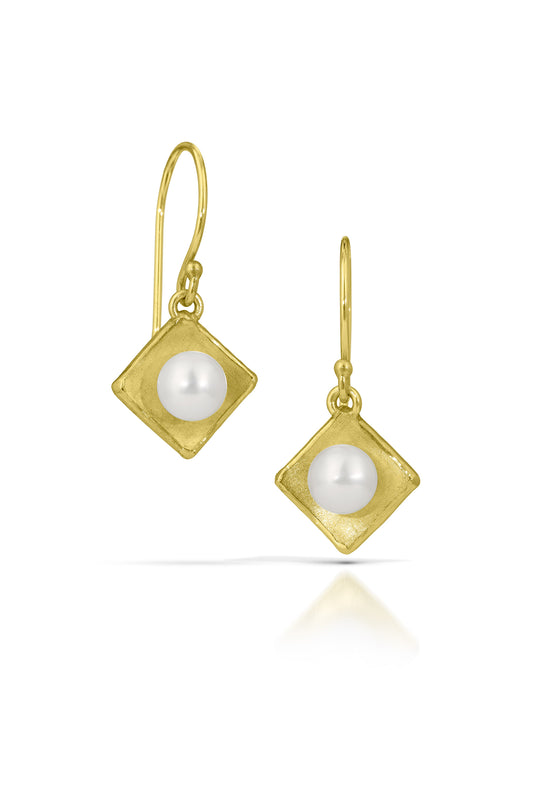 Gold Concave Square with Pearl Drop Earrings (Small)