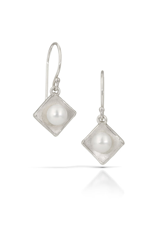 Silver Concave Square with Pearl Drop Earrings (Small)
