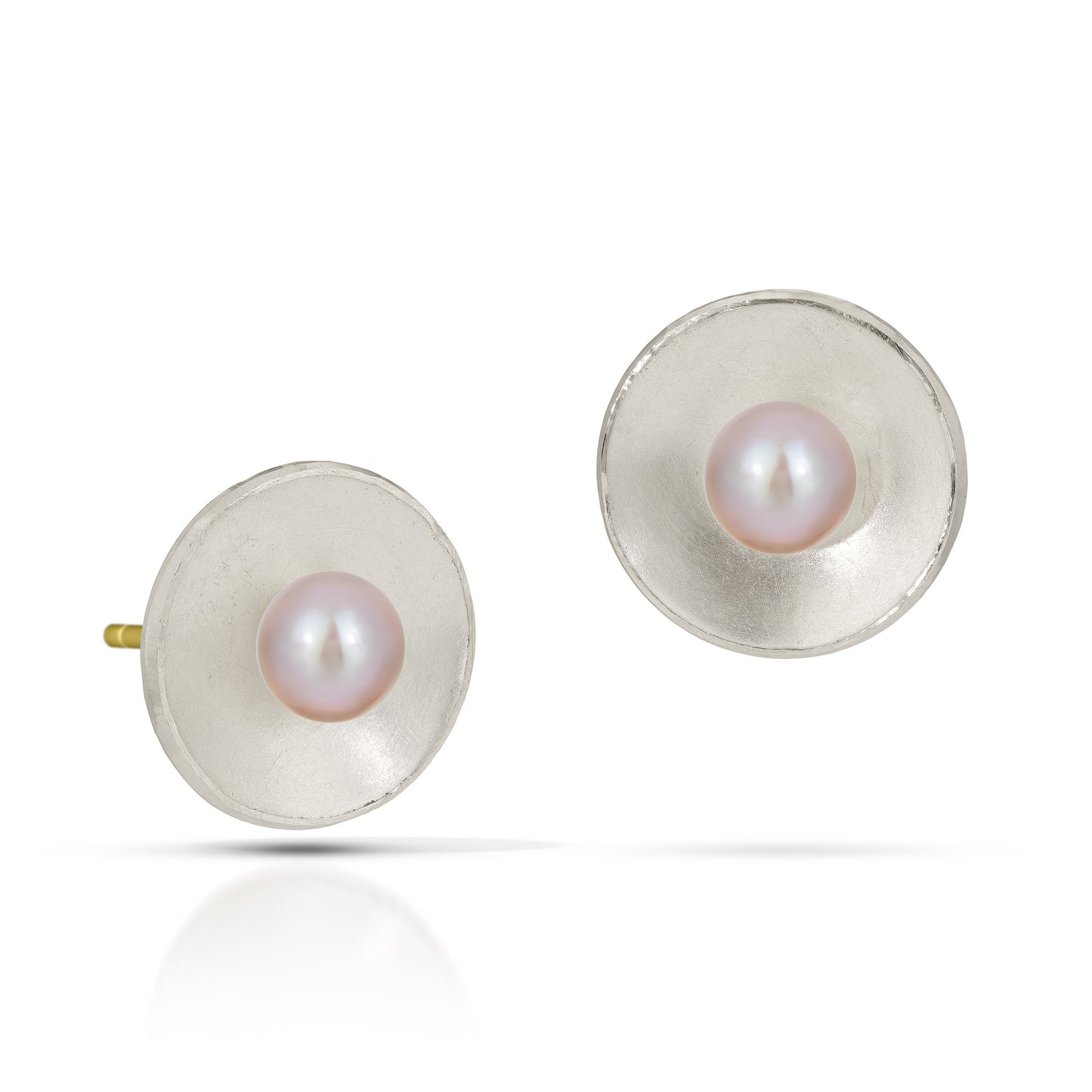 Silver Concave Circle with Pearl Stud Earrings (Large)