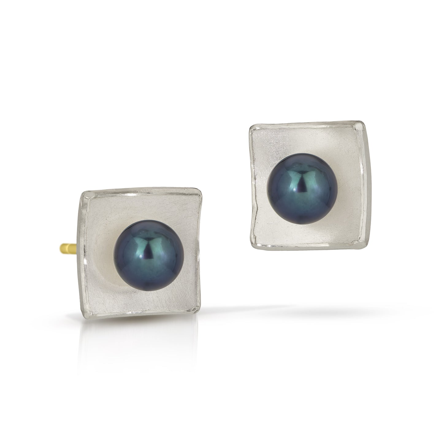 Silver Concave Square with Pearl Earrings (Large)