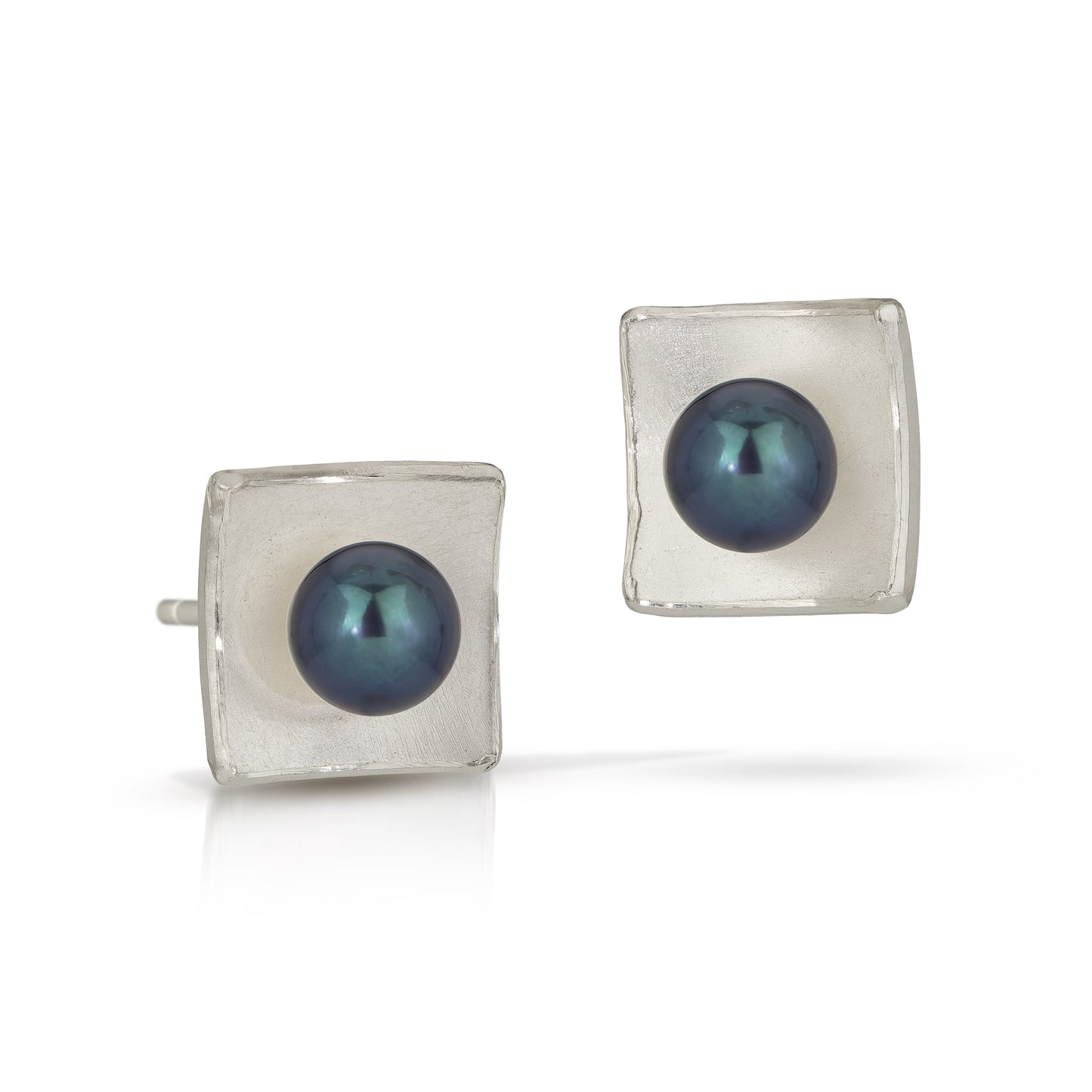 Silver Concave Square with Pearl Earrings (Large)