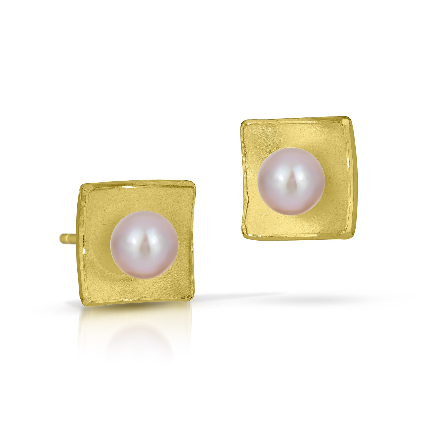 18k Gold Concave Square Post Earrings with Pearl