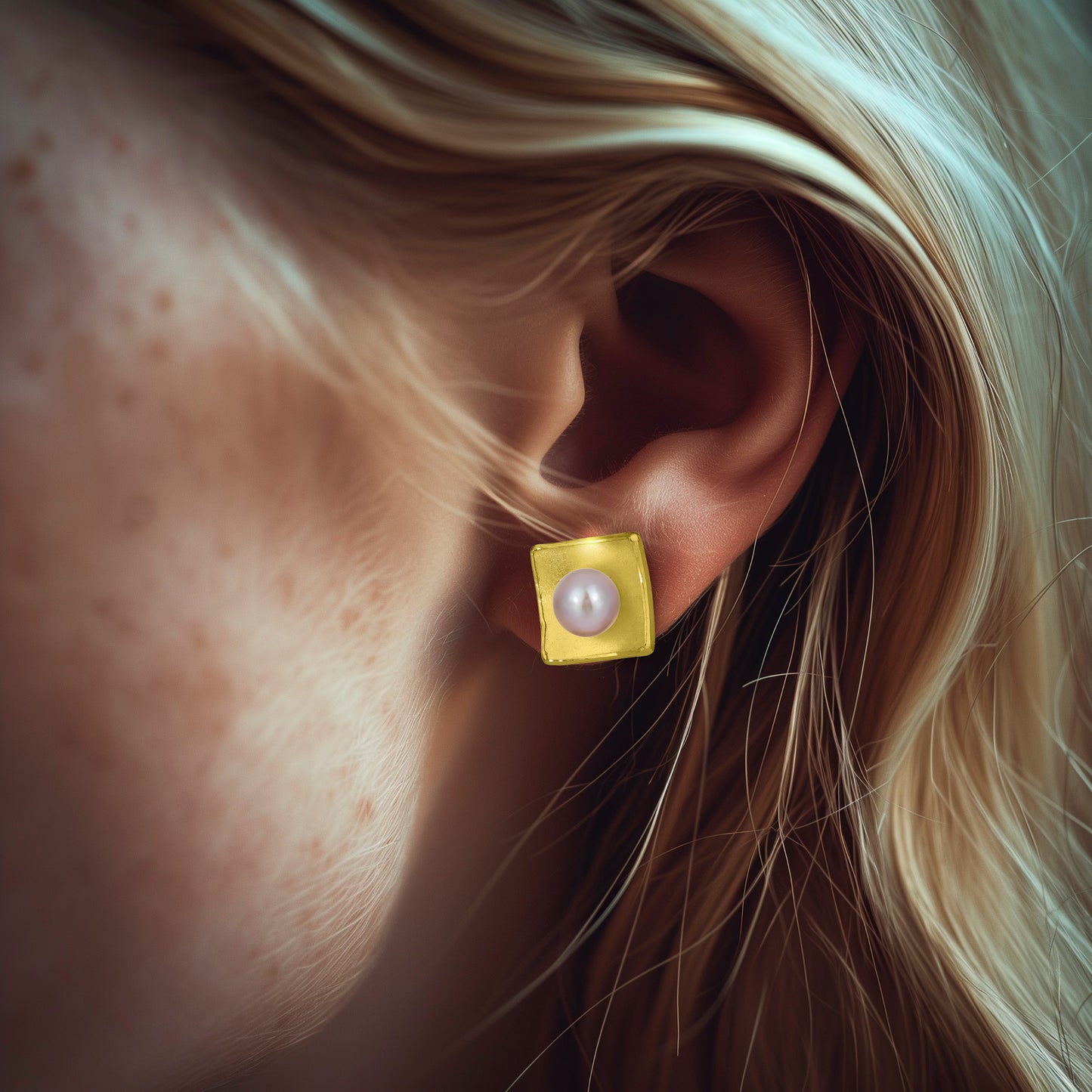 18k Gold Concave Square Post Earrings with Pearl