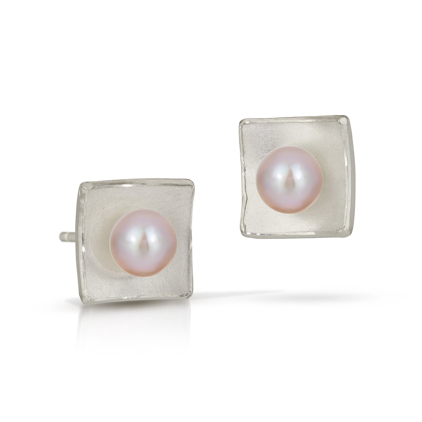 Silver Concave Square with Pearl Earrings (Large)