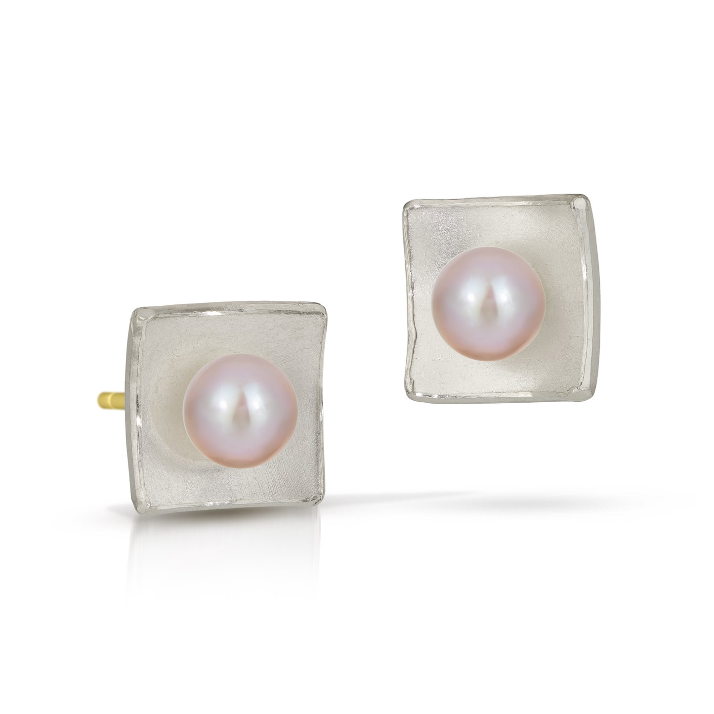 Silver Concave Square with Pearl Earrings (Large)