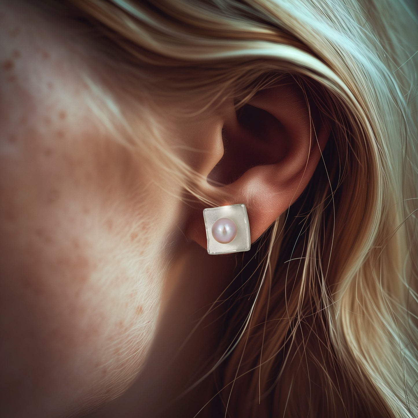 Silver Concave Square with Pearl Earrings (Large)
