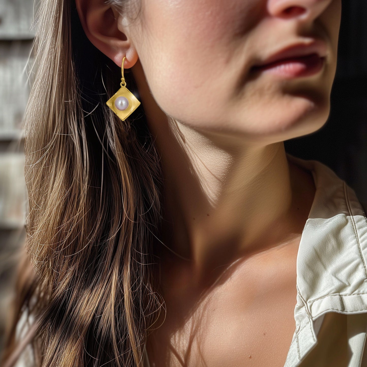 Silver Concave Square with Pearl Drop Earrings (Small)