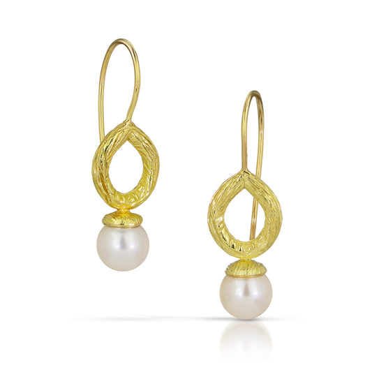18k Gold Carved Pearl Teardrop Earrings